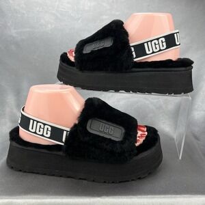 UGG Disco Slide Platform Slippers Women's 8 Black Fuzzy Slingback Shoes 1112258